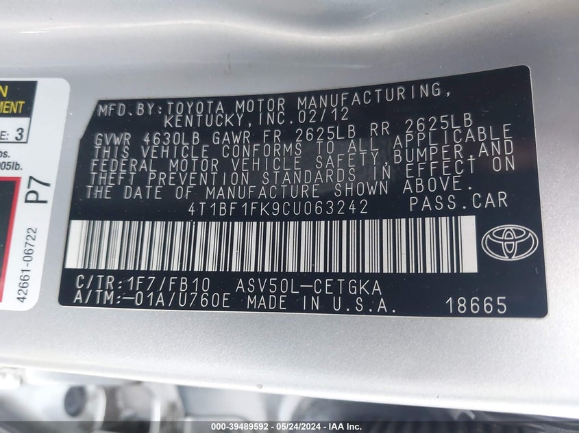 2012 Toyota Camry Xle VIN: 4T1BF1FK9CU063242 Lot: 39489592