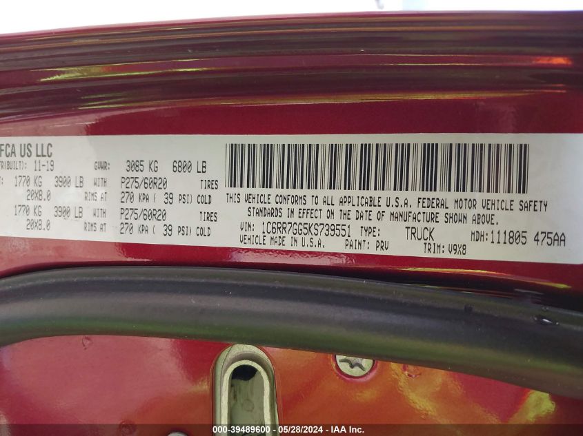 2019 Ram 1500 Classic VIN: 1C6RR7GG5KS739551 Lot: 39489600