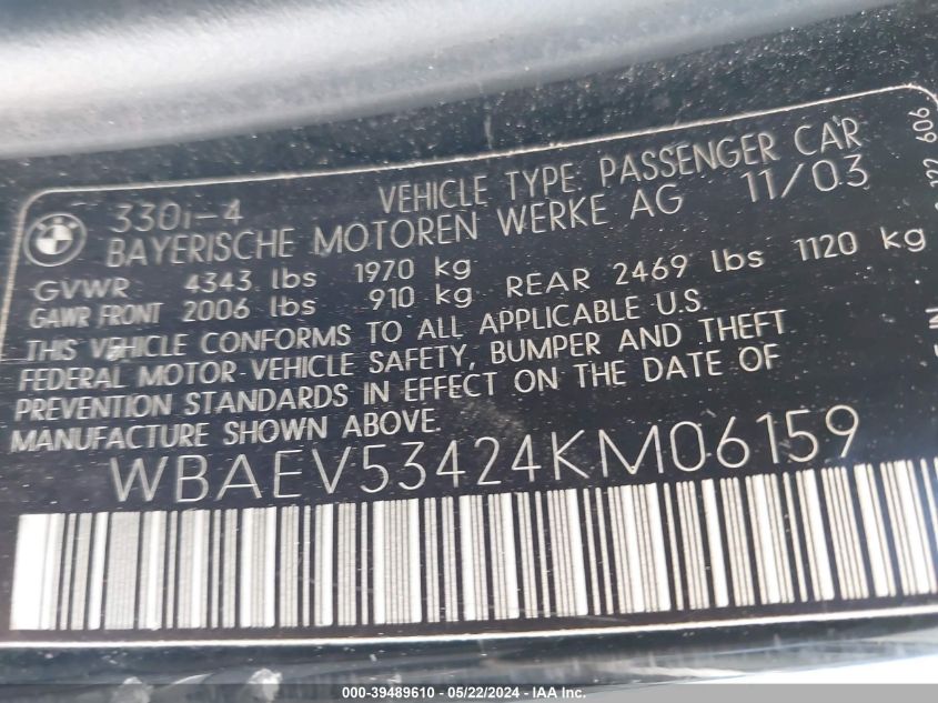2004 BMW 330I VIN: WBAEV53424KM06159 Lot: 39489610
