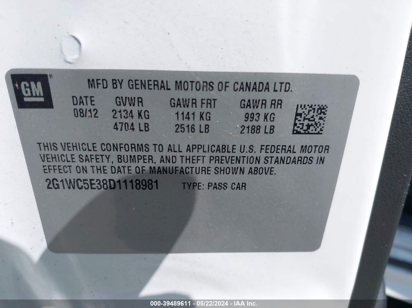 2013 Chevrolet Impala Ltz VIN: 2G1WC5E38D1118981 Lot: 39489611