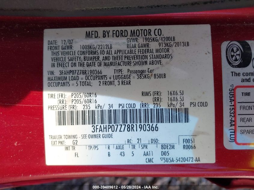 2008 Ford Fusion Se VIN: 3FAHP07Z78R190366 Lot: 39489612