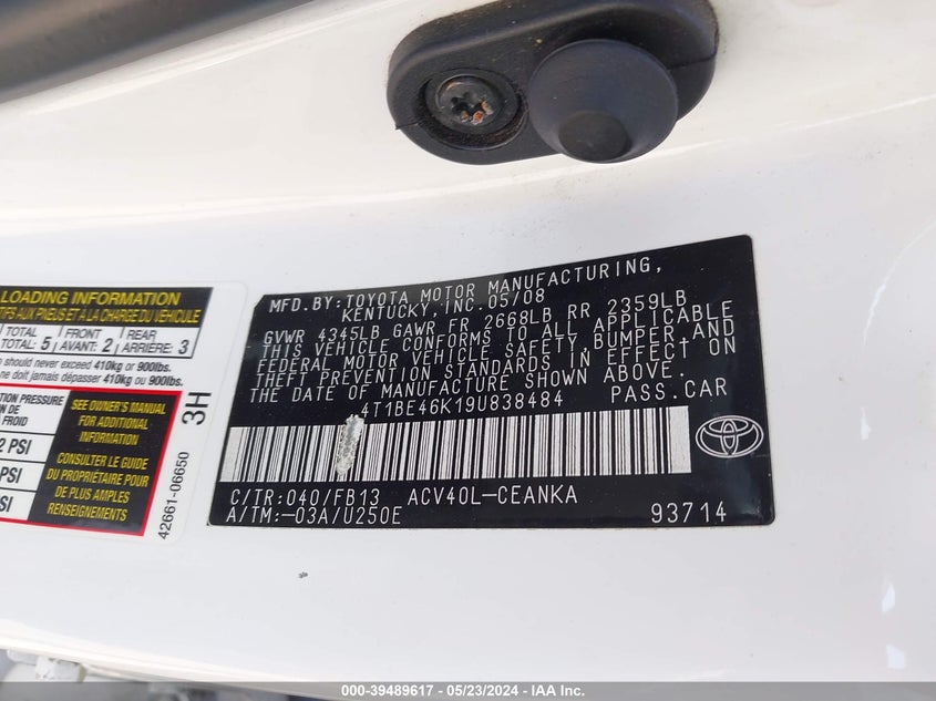 2009 Toyota Camry Le VIN: 4T1BE46K19U838484 Lot: 39489617