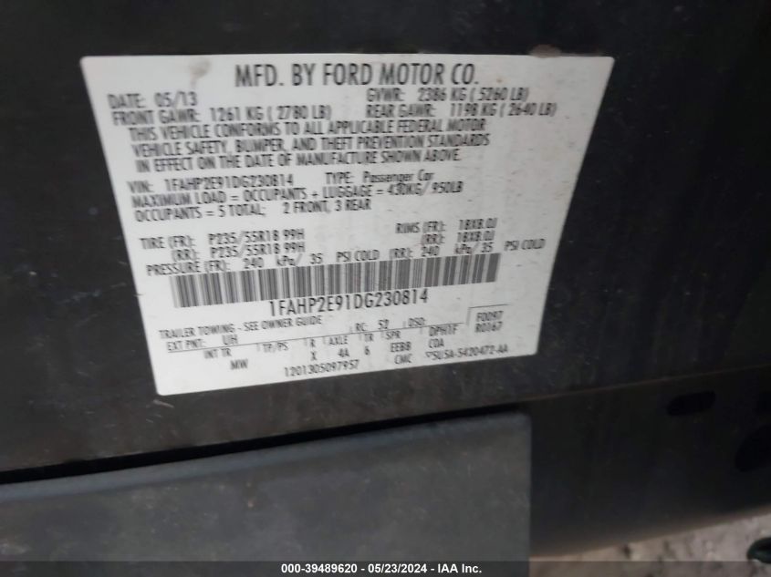 2013 Ford Taurus Sel VIN: 1FAHP2E91DG230814 Lot: 39489620