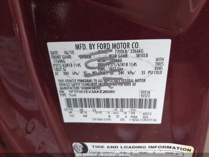 2010 Ford F-150 Fx4/Harley-Davidson/King Ranch/Lariat/Platinum/Xl/Xlt VIN: 1FTFW1EV3AKE26080 Lot: 39489638