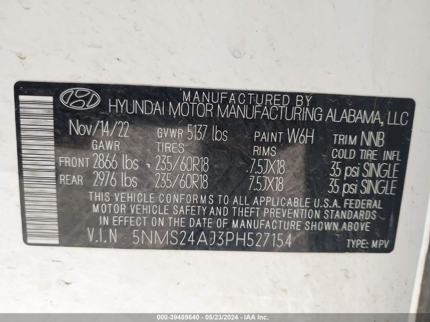 2023 Hyundai Santa Fe Sel VIN: 5NMS24AJ3PH527154 Lot: 39489640