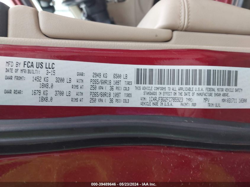 2015 Jeep Grand Cherokee Limited VIN: 1C4RJFBG2FC785923 Lot: 39489646