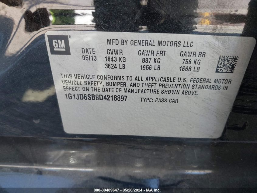 2013 Chevrolet Sonic Lt Manual VIN: 1G1JD6SB8D4218897 Lot: 39489647