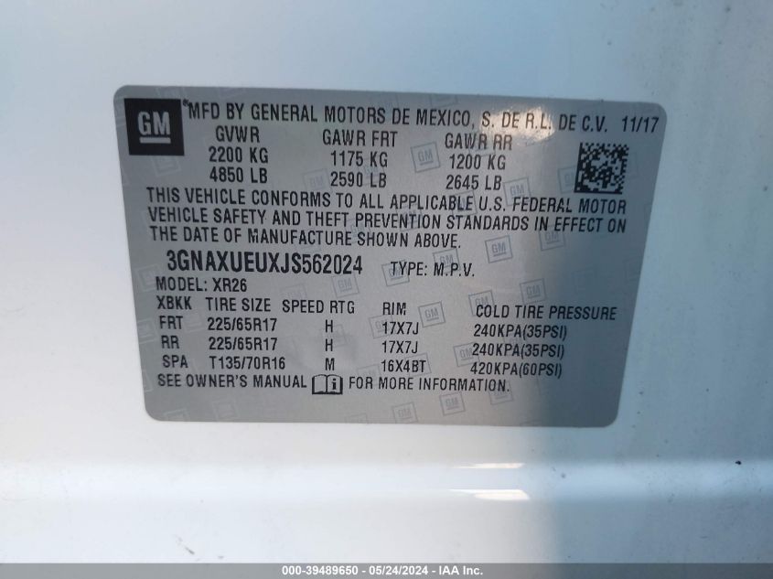 2018 Chevrolet Equinox Lt VIN: 3GNAXUEUXJS562024 Lot: 39489650