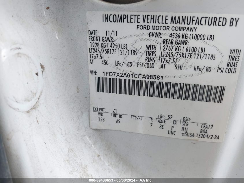 2012 Ford F250 Super Duty VIN: 1FD7X2A61CEA98581 Lot: 39489653