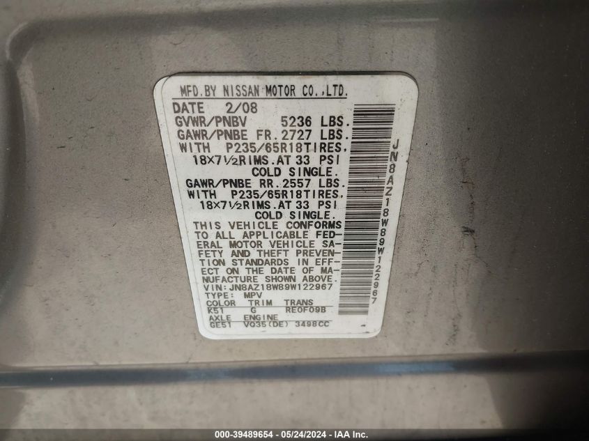 2009 Nissan Murano Sl VIN: JN8AZ18W89W122967 Lot: 39489654