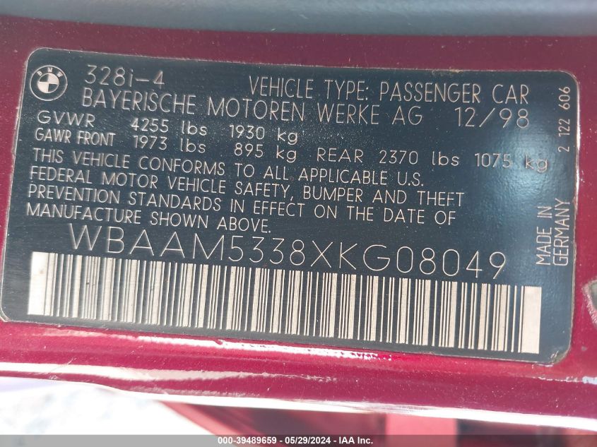 1999 BMW 328I VIN: WBAAM5338XKG08049 Lot: 39489659