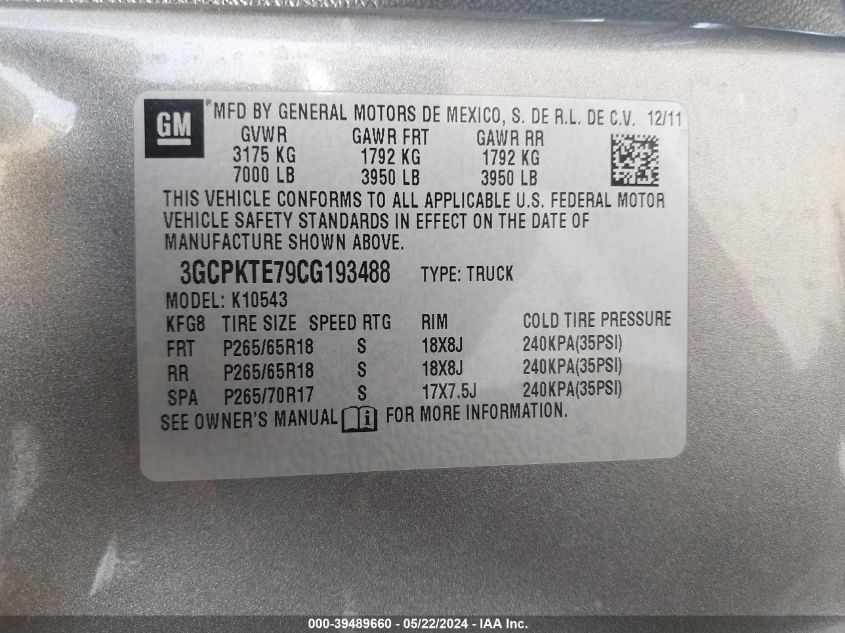 2012 Chevrolet Silverado 1500 Ltz VIN: 3GCPKTE79CG193488 Lot: 39489660