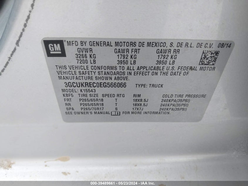 2014 Chevrolet Silverado 1500 2Lt VIN: 3GCUKREC0EG566066 Lot: 39489661