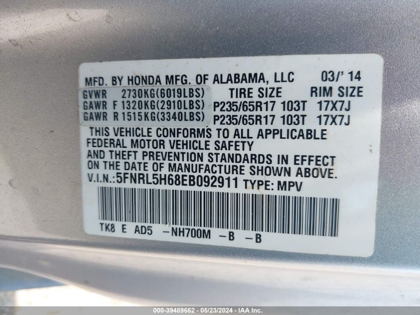 2014 Honda Odyssey Ex-L VIN: 5FNRL5H68EB092911 Lot: 39489662