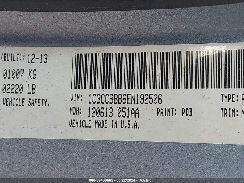 2014 Chrysler 200 Touring VIN: 1C3CCBBB6EN192506 Lot: 39489665