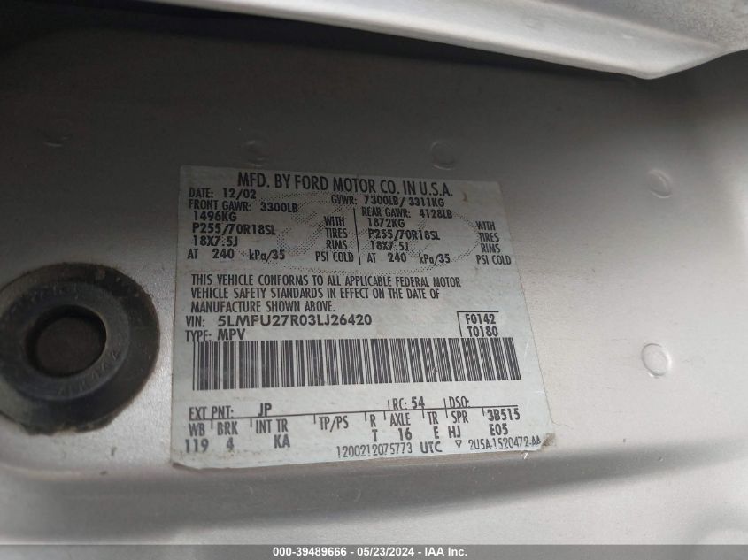 2003 Lincoln Navigator VIN: 5LMFU27R03LJ26420 Lot: 39489666