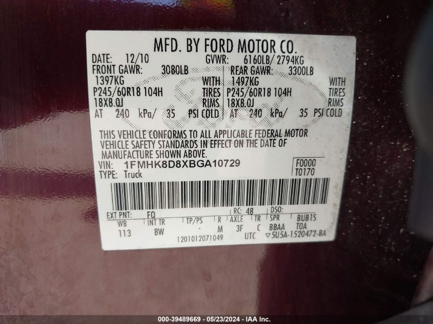 2011 Ford Explorer Xlt VIN: 1FMHK8D8XBGA10729 Lot: 39489669