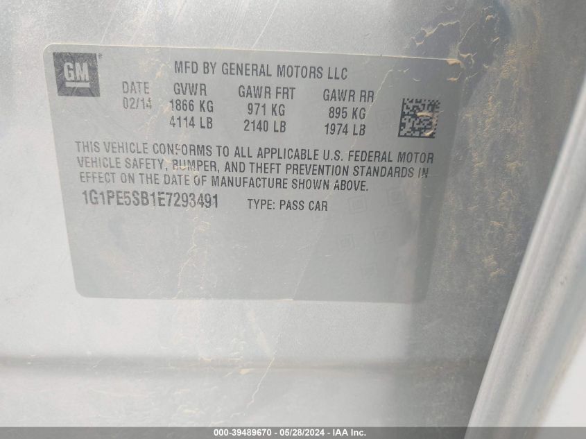 2014 Chevrolet Cruze 2Lt Auto VIN: 1G1PE5SB1E7293491 Lot: 39489670