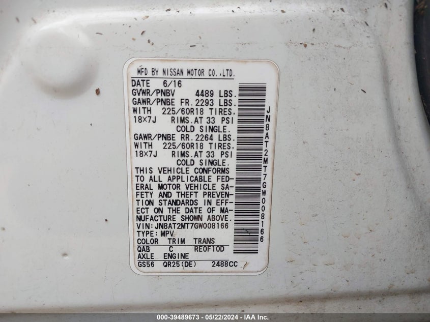 2016 Nissan Rogue Sl VIN: JN8AT2MT7GW008166 Lot: 39489673