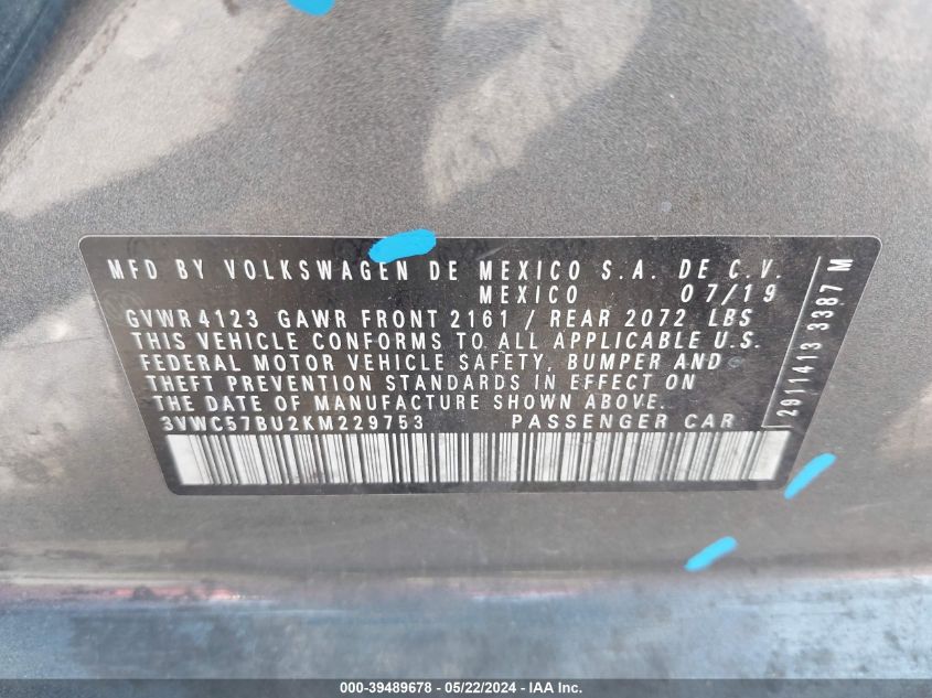2019 Volkswagen Jetta 1.4T R-Line/1.4T S/1.4T Se VIN: 3VWC57BU2KM229753 Lot: 39489678