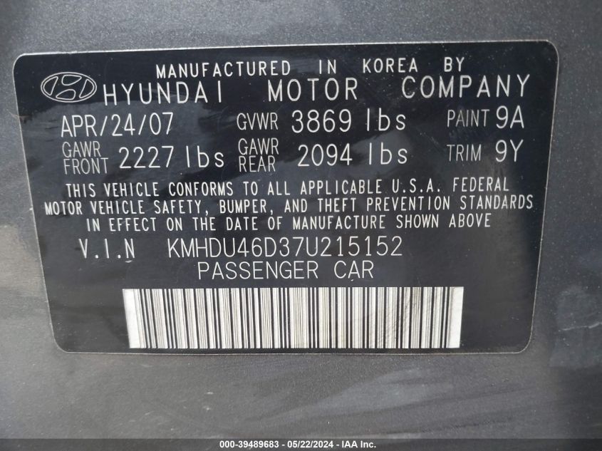 2007 Hyundai Elantra Gls/Limited/Se VIN: KMHDU46D37U215152 Lot: 39489683