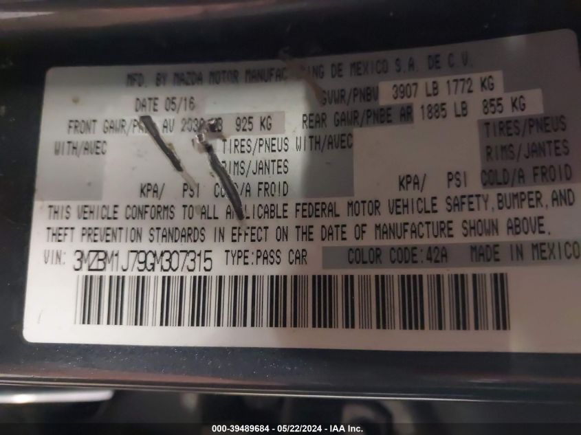 2016 Mazda Mazda3 I Sport VIN: 3MZBM1J79GM307315 Lot: 39489684