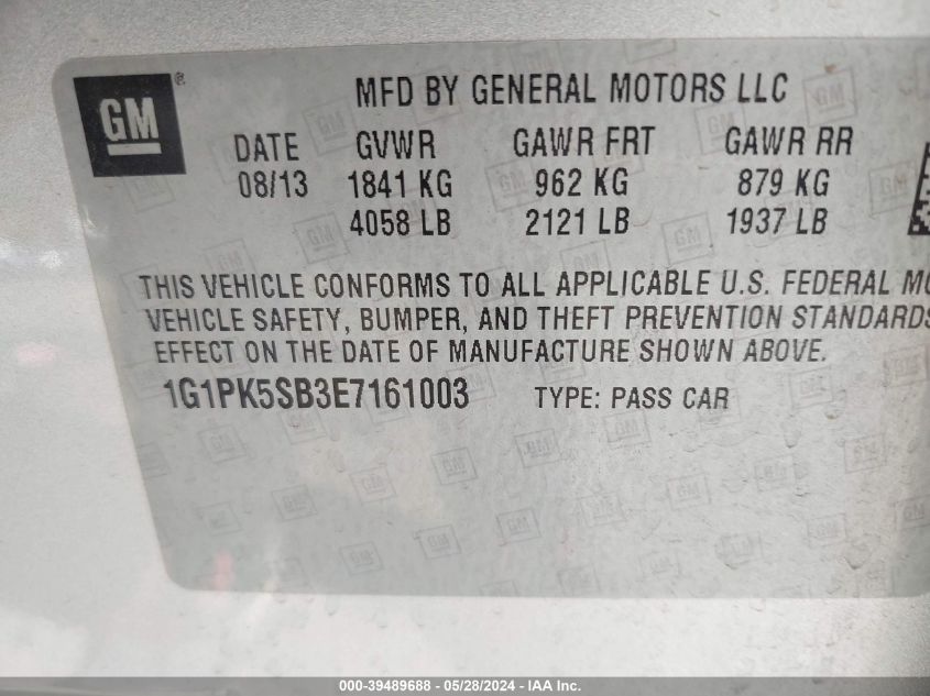 2014 Chevrolet Cruze Lt VIN: 1G1PK5SB3E7161003 Lot: 39489688