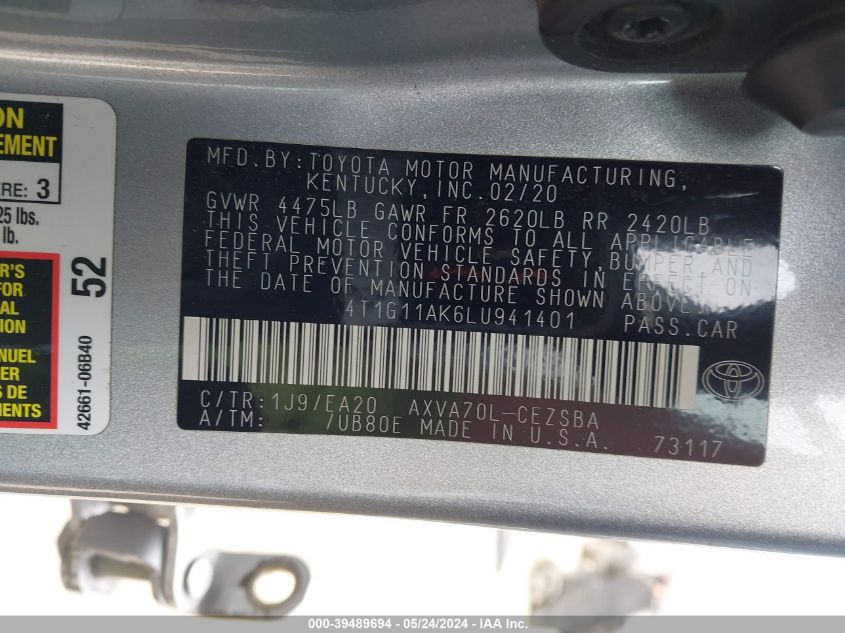 2020 Toyota Camry Se VIN: 4T1G11AK6LU941401 Lot: 39489694