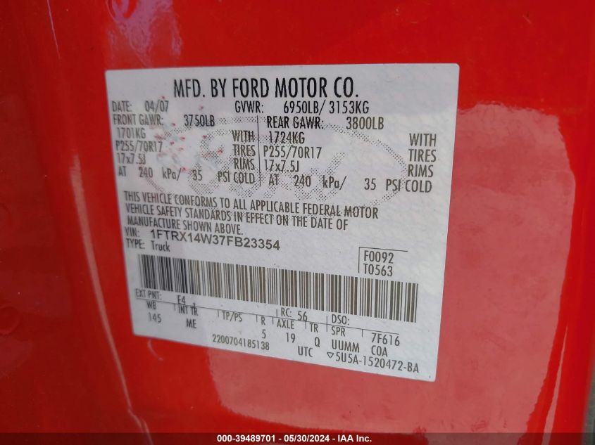 2007 Ford F-150 Fx4/Stx/Xl/Xlt VIN: 1FTRX14W37FB23354 Lot: 39489701