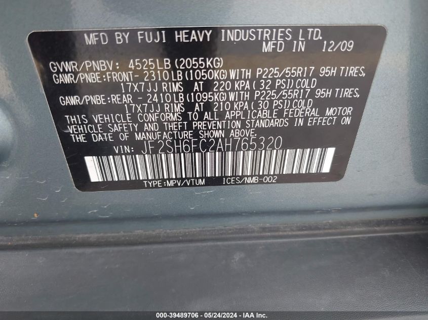 2010 Subaru Forester 2.5Xt Limited VIN: JF2SH6FC2AH765320 Lot: 39489706