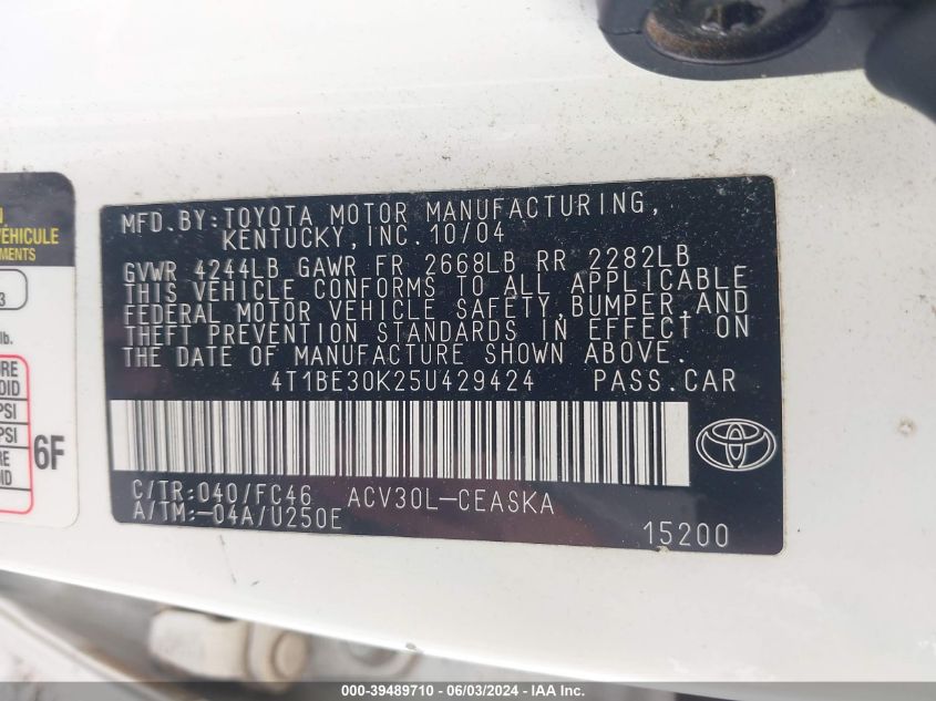 2005 Toyota Camry Se VIN: 4T1BE30K25U429424 Lot: 39489710