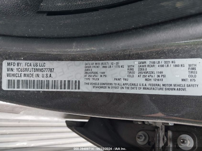 2021 Ram 1500 Laramie 4X4 5'7 Box VIN: 1C6SRFJT8MN577787 Lot: 39489714