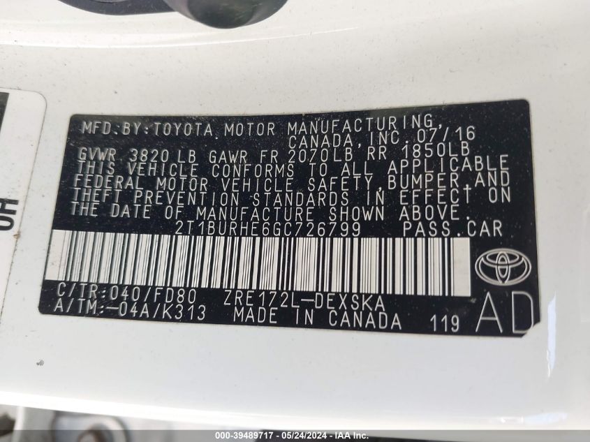 2016 Toyota Corolla S Plus VIN: 2T1BURHE6GC726799 Lot: 39489717