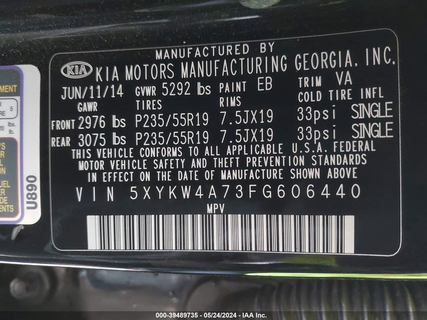 2015 Kia Sorento Limited V6 VIN: 5XYKW4A73FG606440 Lot: 39489735