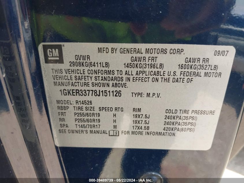 2008 GMC Acadia Slt-2 VIN: 1GKER33778J151126 Lot: 39489739