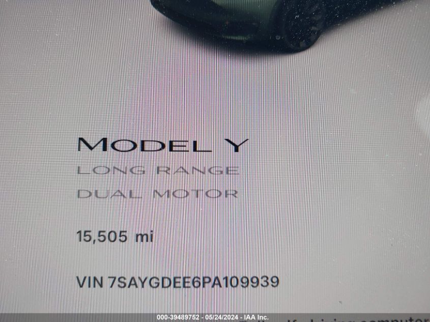 2023 Tesla Model Y Awd/Long Range Dual Motor All-Wheel Drive VIN: 7SAYGDEE6PA109939 Lot: 39489752