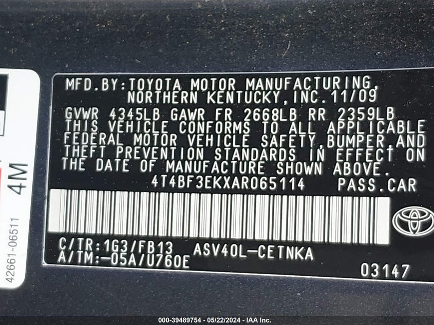 2010 Toyota Camry Le VIN: 4T4BF3EKXAR065114 Lot: 39489754