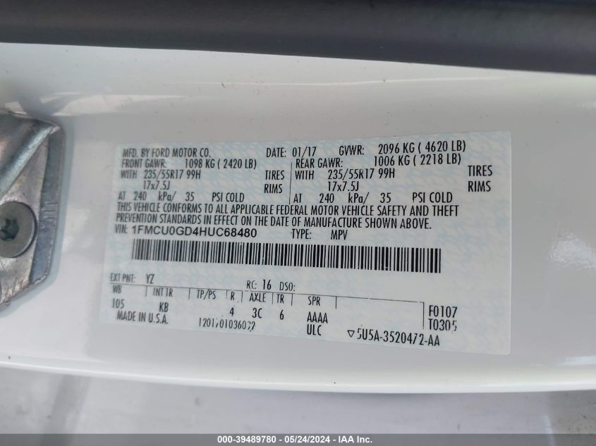 2017 Ford Escape Se VIN: 1FMCU0GD4HUC68480 Lot: 39489780