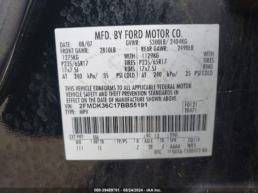 2007 Ford Edge Se VIN: 2FMDK36C17BB55191 Lot: 39489781