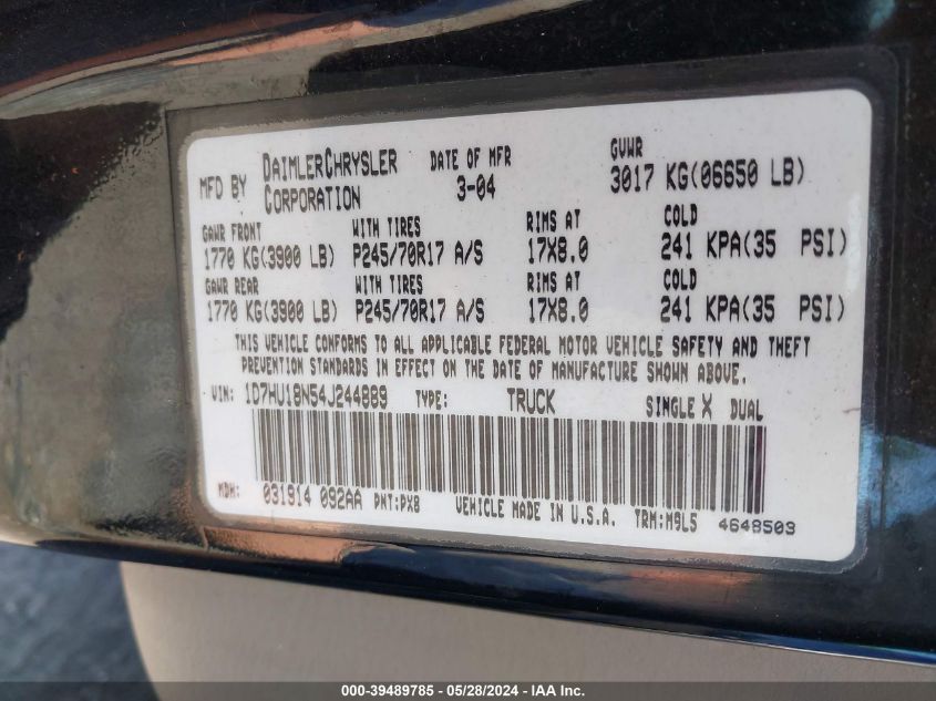 2004 Dodge Ram 1500 Slt/Laramie VIN: 1D7HU18N54J244889 Lot: 39489785