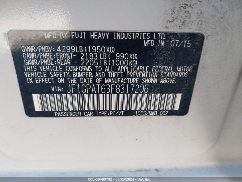 2015 Subaru Impreza 2.0I Sport Premium VIN: JF1GPAT63F8317206 Lot: 39489792