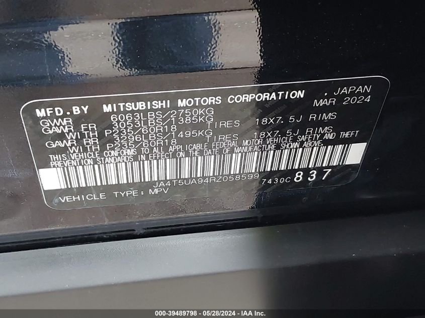 2024 Mitsubishi Outlander Phev Es S-Awc VIN: JA4T5UA94RZ058599 Lot: 39489798