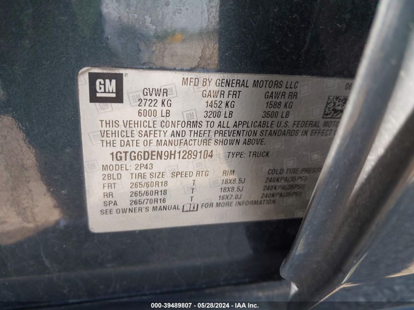 2017 GMC CANYON SLT - 1GTG6DEN9H1289104