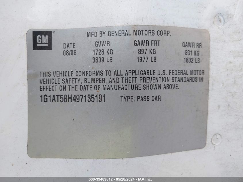 2009 Chevrolet Cobalt Lt VIN: 1G1AT58H497135191 Lot: 39489812