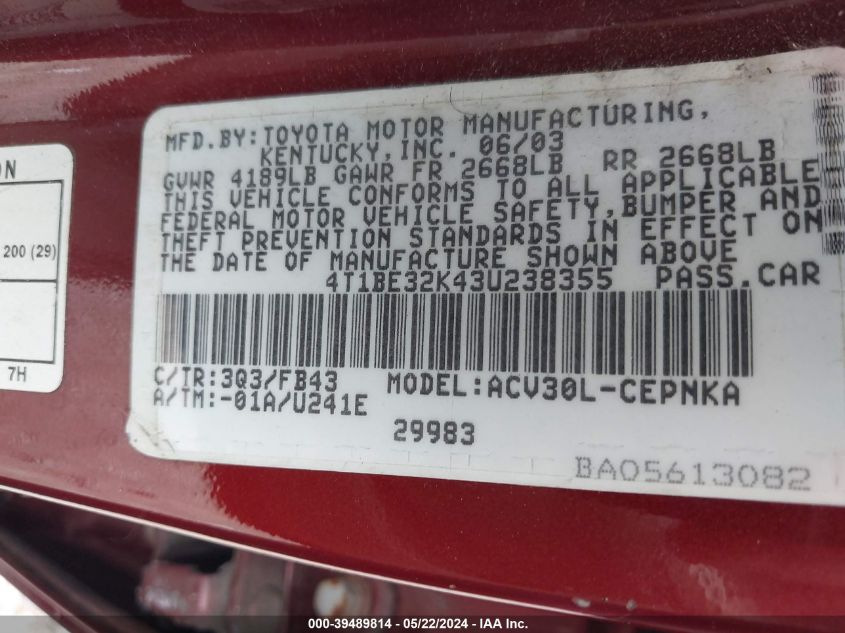 2003 Toyota Camry Le VIN: 4T1BE32K43U238355 Lot: 39489814