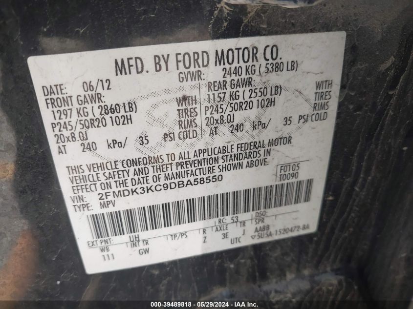 2013 Ford Edge Limited VIN: 2FMDK3KC9DBA58550 Lot: 39489818