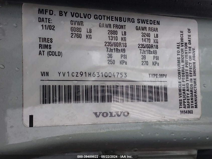 2003 Volvo Xc90 T6 VIN: YV1CZ91H631004753 Lot: 39489822