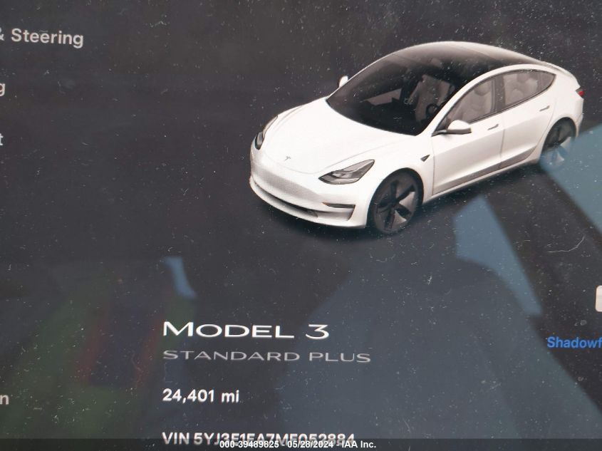 2021 Tesla Model 3 Standard Range Plus Rear-Wheel Drive VIN: 5YJ3E1EA7MF052884 Lot: 39489825