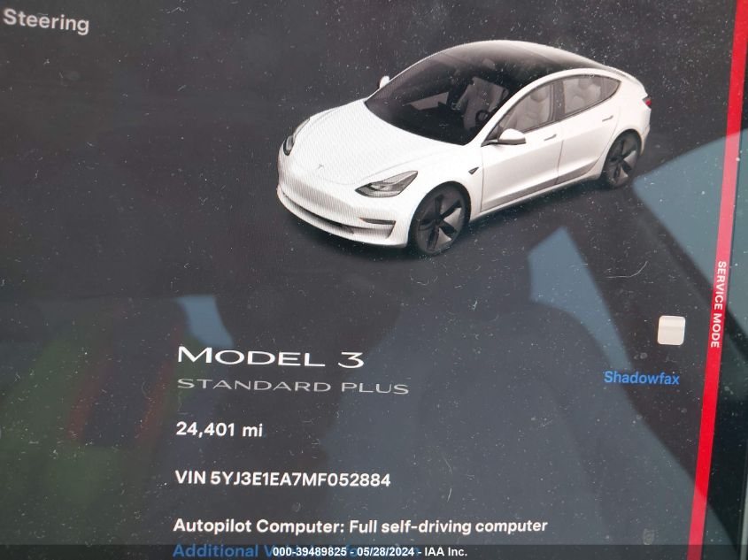 2021 Tesla Model 3 Standard Range Plus Rear-Wheel Drive VIN: 5YJ3E1EA7MF052884 Lot: 39489825