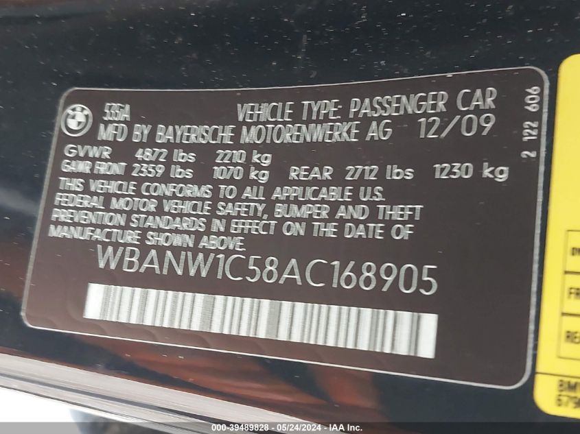 2010 BMW 535I VIN: WBANW1C58AC168905 Lot: 39489828
